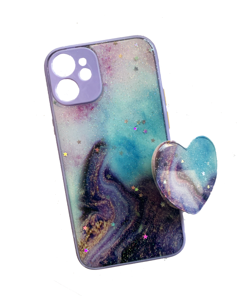 Husa Silicone iPhone 12 mini cu Protectie Camera si Popsocket atasabil, Heart Purple Marble